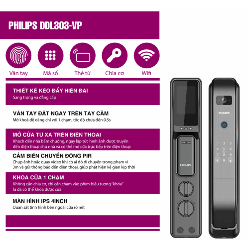 KHÓA CỬA VÂN TAY PHILIPS DDL303-VP CHÍNH HÃNG